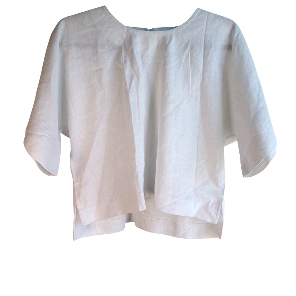 DKNY White Linen Blend Blouse Short Sleeve Split Hem Top Women's Small NWT
